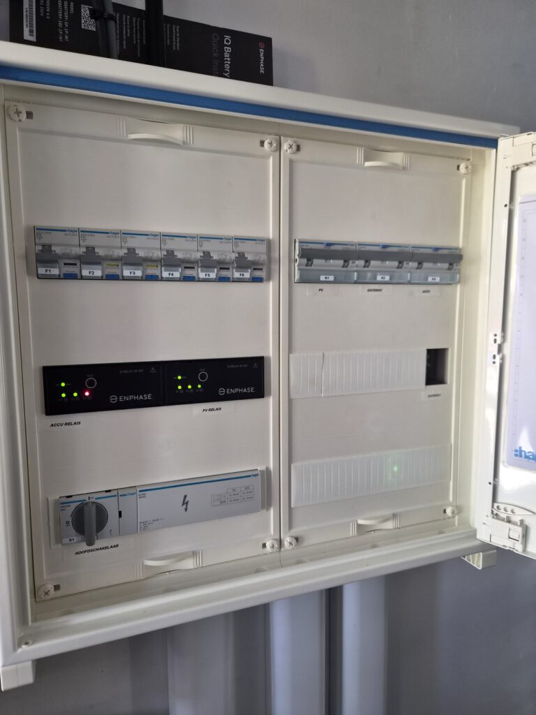 Hager onderverdeelkast met gelabelde groepen voor PV, gateway en accu en twee Enphase-relais